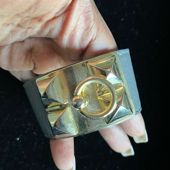 Gray Leather Collier De Chen Style Bracelet w/ Gold Hardware - Picture 2 of 5